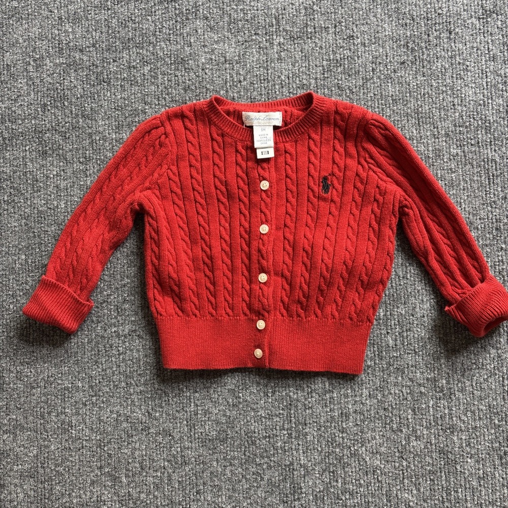 Ralph Lauren Baby 9M Cable Knit Cardigan Button Sweater Red Pony Holiday
